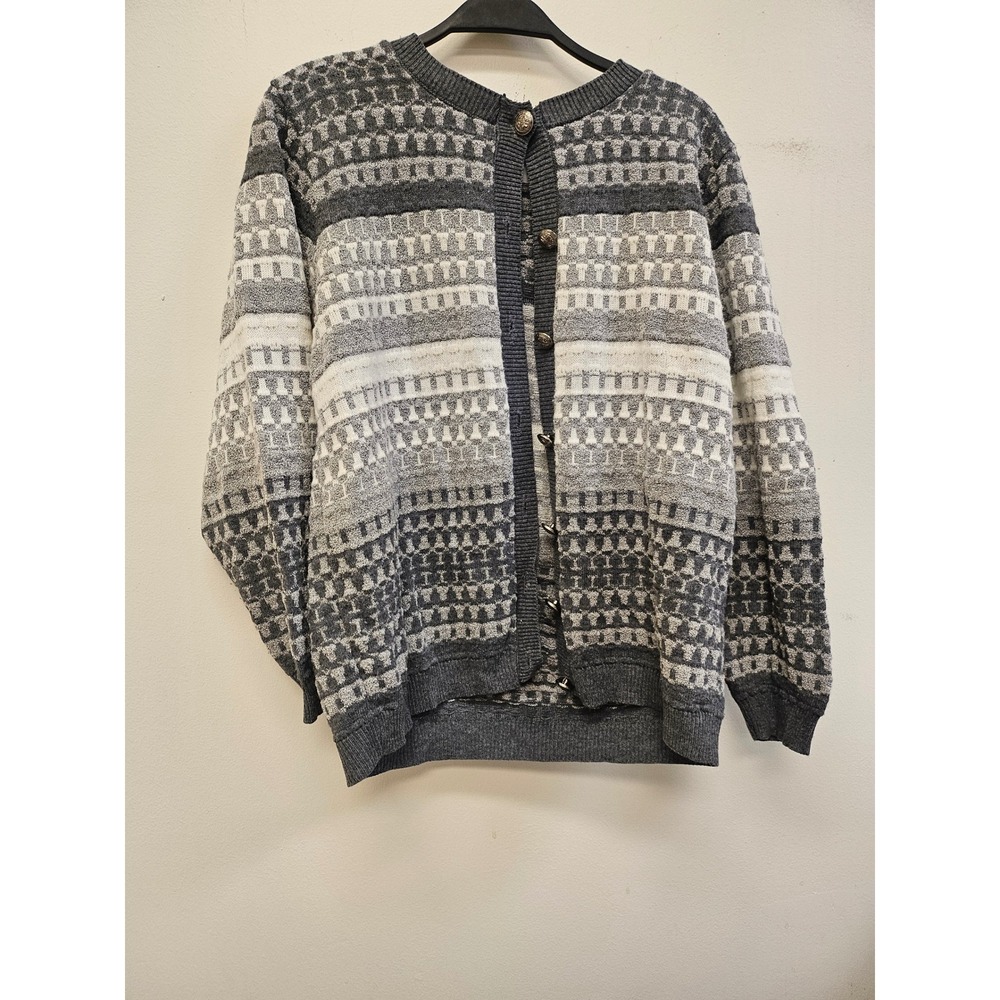 Alfred Dunner Petite Vintage Gray Geometric Knit Cardigan Sweater Size PS USA